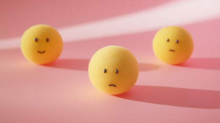 emotional, mood, pondering concept: three yellow balls with thoughtful expressions