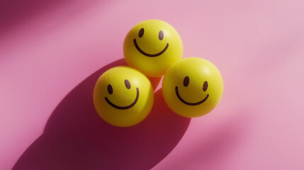 emotional, mood, positive emotion concept: three yellow balls with cartoon smiley faces arranged in a triangle pattern against an isolated baby pink background
