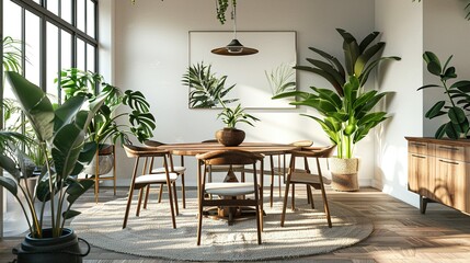 Modern Dining Room with Round Wooden Table and Natural Elements