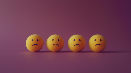 emotional, mood, sadness concept: three yellow balls with sad faces arranged in a slightly slumped pattern against an isolated dusty plum background