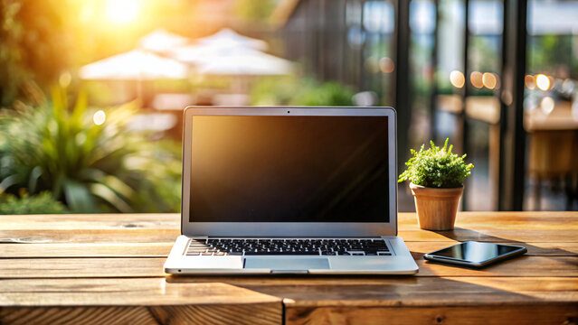 Open laptop on a wooden table with soft light