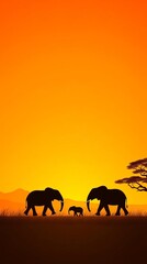 Fototapeta premium Elephants walking across the savannah flat design, side view, safari theme, animation, Complementary Color Scheme