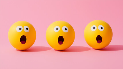 emotional, mood, surprise concept: three yellow balls with surprised faces arranged in a scattered, dynamic pattern against an isolated soft apricotsoft pink background