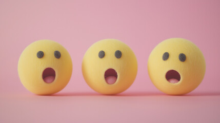 emotional, mood, surprise concept: three yellow balls with surprised faces arranged in a scattered, dynamic pattern against an isolated soft yellowsoft pink background