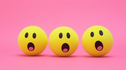 emotional, mood, surprise concept: three yellow balls with surprised faces arranged in a scattered, dynamic pattern against an isolated soft ivorysoft pink background