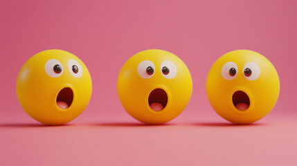 emotional, mood, surprise concept: three yellow balls with surprised faces arranged in a scattered, dynamic pattern against an isolated orangesoft pink background