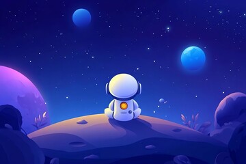 Robot exploring a distant planet flat design, top view, scifi expedition theme, cartoon drawing, vivid