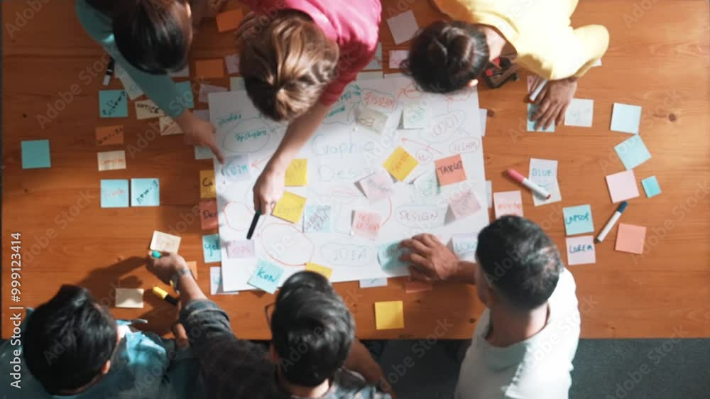 Poster top view of project manager writing and sticking stick notes. aerial view of professional business p