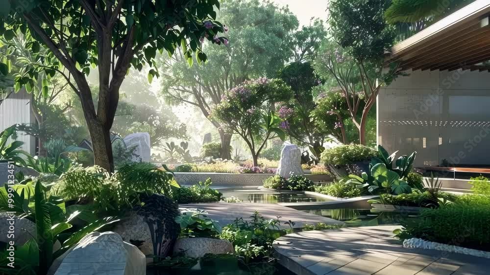 Poster sunlight filters through lush green garden, creating peaceful atmosphere ideal for enhancing brain f