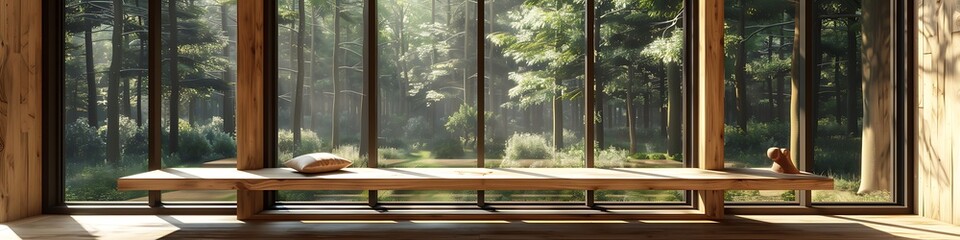 Window seat with wooden bench, big windows, forest view, minimalist living room, Scandinavian home decor, 3D rendering, furniture display.