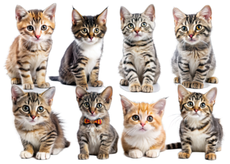 Eight young kittens are sitting and looking at the camera. They are all different colors and patterns, and they are all very cute