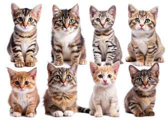 Eight adorable kittens sit in a row against a black backdrop, facing the camera with wide eyes. Each one is a unique color and pattern, creating a diverse and charming group