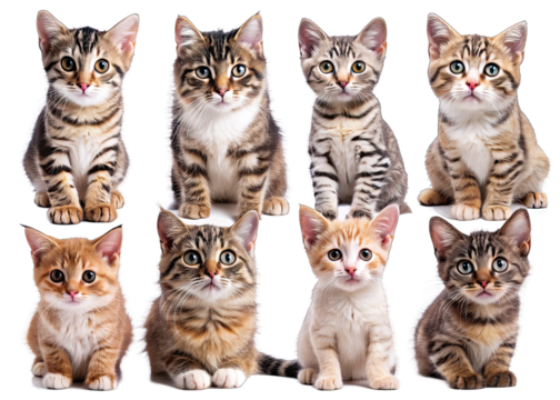 Eight adorable kittens sit in a row against a black backdrop, facing the camera with wide eyes. Each one is a unique color and pattern, creating a diverse and charming group