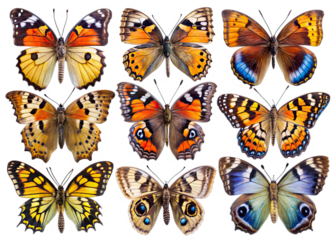 A collection of twelve butterflies, each with unique colors and patterns, are arranged in three rows against a black backdrop