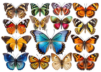 A diverse group of butterflies with intricate wing patterns are shown in various poses against a dark backdrop
