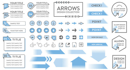ブルーの矢印アイコンと矢印デザインのフレームのセット（やじるし）