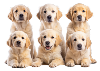 Six cute golden retriever puppies sit in a row, facing the camera with playful expressions. All are light gold with fluffy fur on a white background