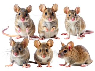 Six brown mice are shown in different poses against a white background