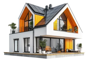 Modern house design with solar panels and a deck