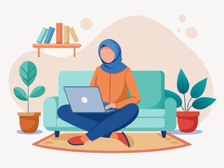 a flat vector illustration of a hijab-wearing woman shopping online using a laptop. she sits on a sofa.