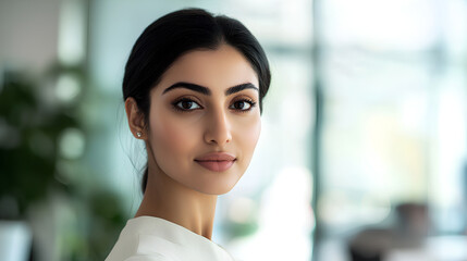 Fototapeta premium Woman with dark hair and brown eyes is standing in front of a window