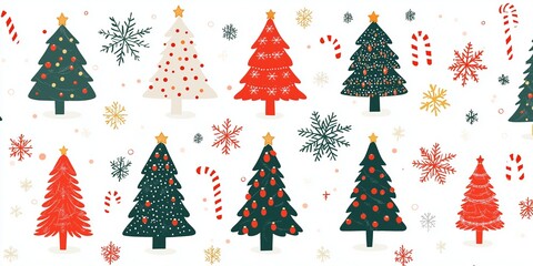Obraz premium A cheerful and festive seamless pattern featuring a variety of illustrated Christmas trees in red and green hues, adorned with ornaments and stars.