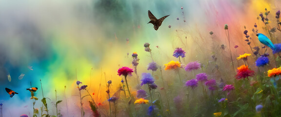 Butterfly and Bird Flying in a Field of Flowers
