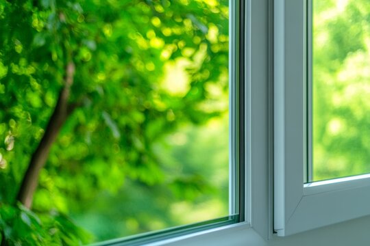 Modern PVC window installation showcasing white metal frame in contemporary home with lush green trees in background