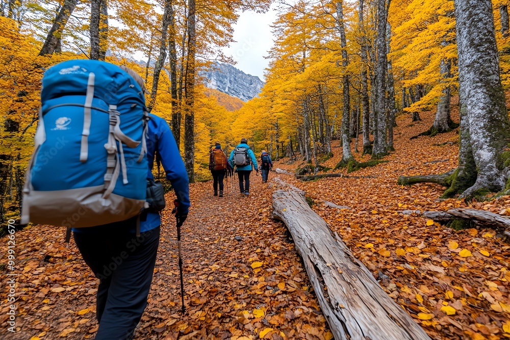Aufkleber forest trail in autumn mountains, where hikers walk along a path covered in fallen leaves, surrounde