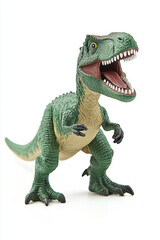 Obraz premium A green plastic dinosaur toy with an open mouth and sharp teeth, posed against a white background.