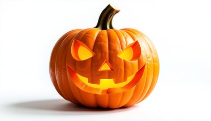 Fototapeta premium Jack O Lantern halloween pumpkin smiling expression on white background, halloween concept, spooky night, festives season, Spooky Halloween pumpkin, banner, poster template created with generative ai