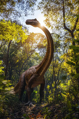 Obraz premium A lifelike dinosaur model in a dense, sunlit forest, illustrating a prehistoric scene.