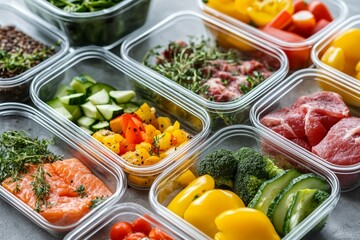 Colorful meal prep containers filled with fresh vegetables and proteins arranged on a table for healthy eating
