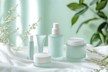 Explore the benefits of a Korean skincare routine with essential products on a soft surface surrounded by greenery
