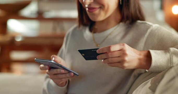 Woman, hands and credit card for online shopping in home, smartphone and website for order checkout. Female person, ecommerce and internet for financial payment, electronic transaction and banking