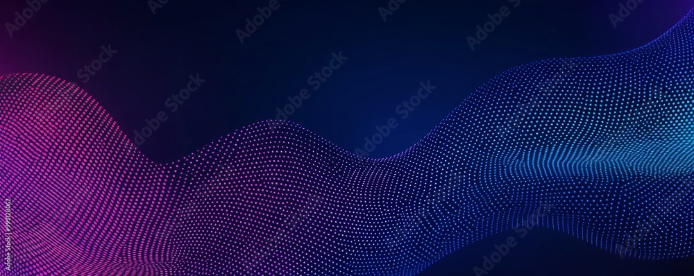 Poster abstract blue and pink gradient background with a wavy pattern of dots and lines, ideal for technolo