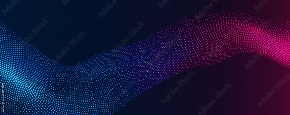 Poster abstract blue and pink gradient background with a wavy pattern of dots and lines, ideal for technolo