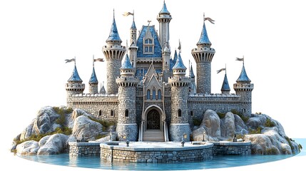 Obraz premium A majestic stone castle rises on a rocky island, its reflection shimmering in blue waters.