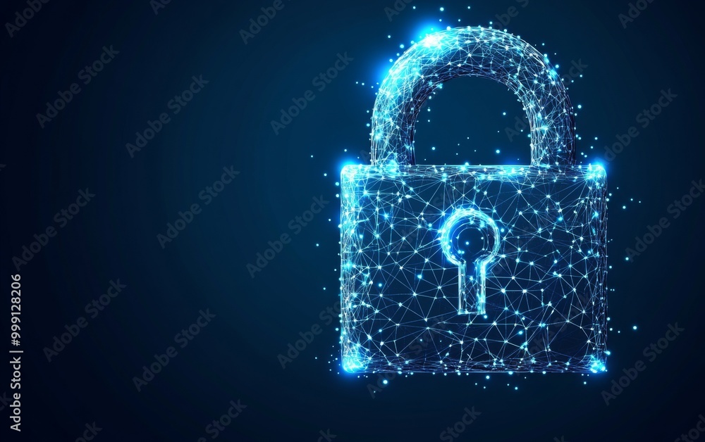 Poster cybersecurity concept symbol made of glowing dots on a blue background, featuring a polygonal line g