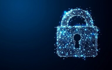 Cybersecurity concept symbol made of glowing dots on a blue background, featuring a polygonal line grid in an abstract digital network design. Ideal for online protection and data safety themes.