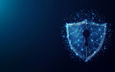 Cybersecurity concept symbol made of glowing dots on a blue background, featuring a polygonal line grid in an abstract digital network design. Ideal for online protection and data safety themes.