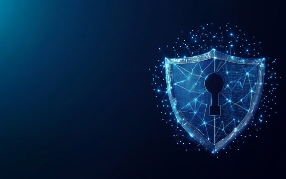 Cybersecurity concept symbol made of glowing dots on a blue background, featuring a polygonal line grid in an abstract digital network design. Ideal for online protection and data safety themes.