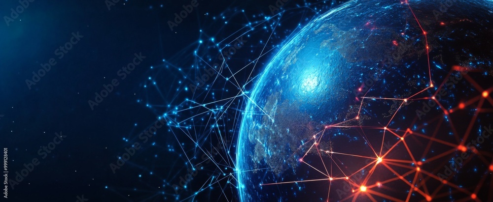 Poster abstract digital planet earth with glowing network connections and data lines on a dark blue backgro