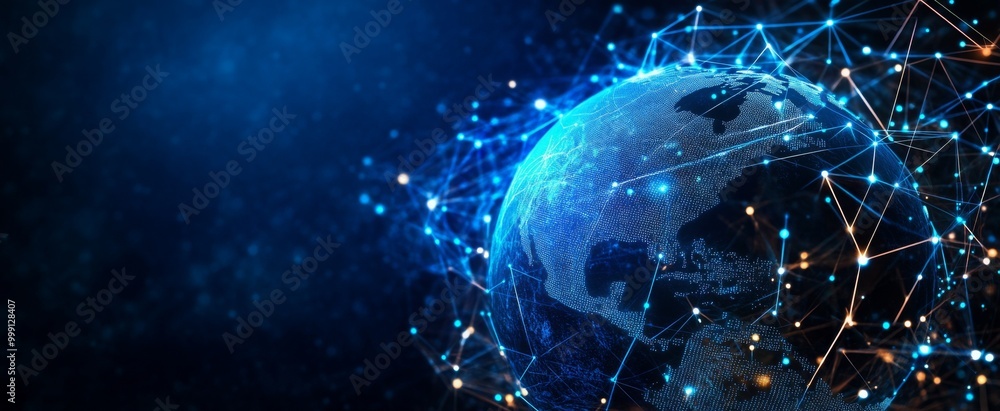 Aufkleber abstract digital planet earth with glowing network connections and data lines on a dark blue backgro