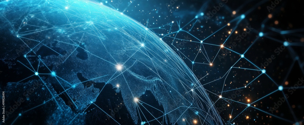 Poster abstract digital planet earth with glowing network connections and data lines on a dark blue backgro