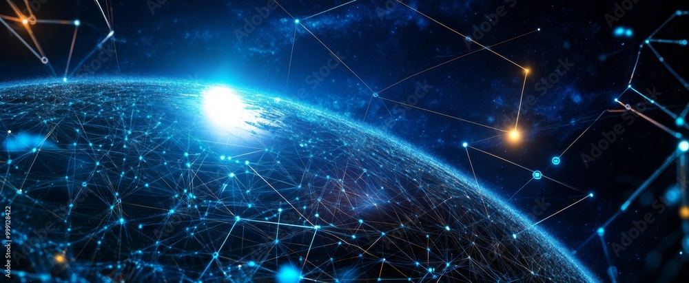 Poster abstract digital planet earth with glowing network connections and data lines on a dark blue backgro