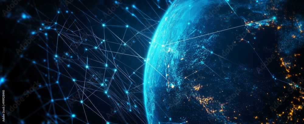 Aufkleber abstract digital planet earth with glowing network connections and data lines on a dark blue backgro