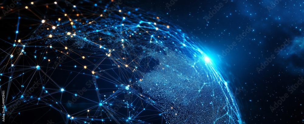 Poster abstract digital planet earth with glowing network connections and data lines on a dark blue backgro