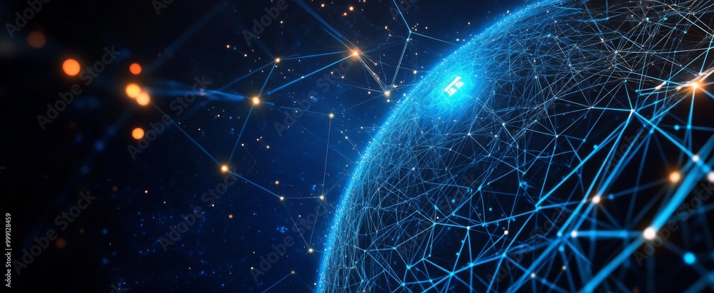 Poster abstract digital planet earth with glowing network connections and data lines on a dark blue backgro