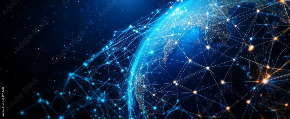 Poster abstract digital planet earth with glowing network connections and data lines on a dark blue backgro
